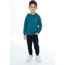 Toontoy Kids Toontoy Erkek Çocuk 2'li Takım Baskılı Kapüşonlu Cepli Sweatshirt & Beli Paçası Lastikli Cepli Jogger Eşofman Altı - Renk Bloklu & 2 İplik Petrol Mavi