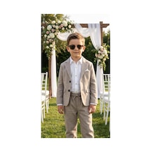 Baby Kids Colors Erkek Çocuk Flamlı Keten Salaş Ceketli Takım Elbise / Gömlek Pantolon Ceket Papyon Keten Takım Taş Rengi