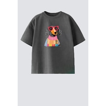 Monila Kız Çocuk Köpek Baskılı Pamuklu Bisiklet Yaka T-shirt Antrasit