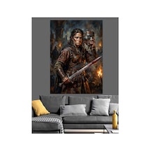 Kılıçlı Ve Zırhlı Savaşçı Kadın Yağlı Boya Dokulu Kanvas Tablo Canvas Tablosu