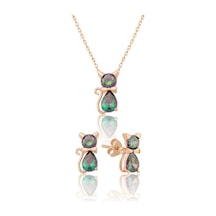 925 Ayar Mistik Topaz Taşlı Gümüş Kedi Küpe Kolye Set