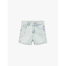 Koton Pamuklu Cepli Taş Detaylı Mini Denim Şort Lıght Indıgo 6skg40016ad Açık Mavi