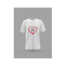 Tarzsokak Mavi Unisex M Harfi Kalp Baskılı T-shirt Pnrmtshrt1085 Beyaz