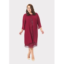 Lilas Xxl Büyük Beden Bordo Renkli Dantelli Dantelli Şifon Ceketli Abiye Elbise