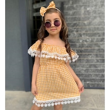 Kız Çocuk Güpürlü Ekose Elbise (554875174) Beyaz - Sarı