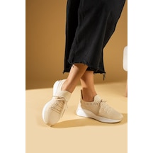 Shoetek Faina Kadın Sneakers Triko Dokumalı Bağcıklı Spor Ayakkabı Bej Bej