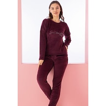 Farya Home Luxury Velvet Fransız Kadife Yazı Detaylı Pijama Takımı Mürdüm