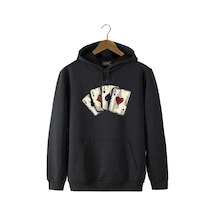 Unisex Siyah Kapüşonlu Önü İskambil Kağıdı Baskılı Slim Fit Kanguru Cepli Sweatshirt Siyah