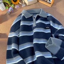 Japonya Erkek Y2k Örme Sıcak Polo Örgü Çizgili Balıkçı Yaka Kazak Gömlek Kış Sokak Giyim Hoodie Kore Giysileri Jumper Erkek Lacivert