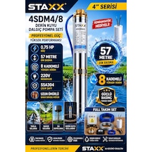 Staxx 4sdm4/8220 Derin Kuyu Kalem Dalgıç Pompa Seti 57 Mt Dik 220v Çelik Şaft Bahçe Tarla Sulama