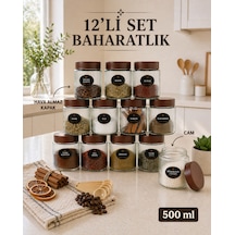 12'li Etiketli Çizgili Cam Kavanoz Baharatlık Seti Plastik Contalı Hava Almaz Kapaklı Baharatlık Saklama Kabı 12 X 500 Ml Şeffaf