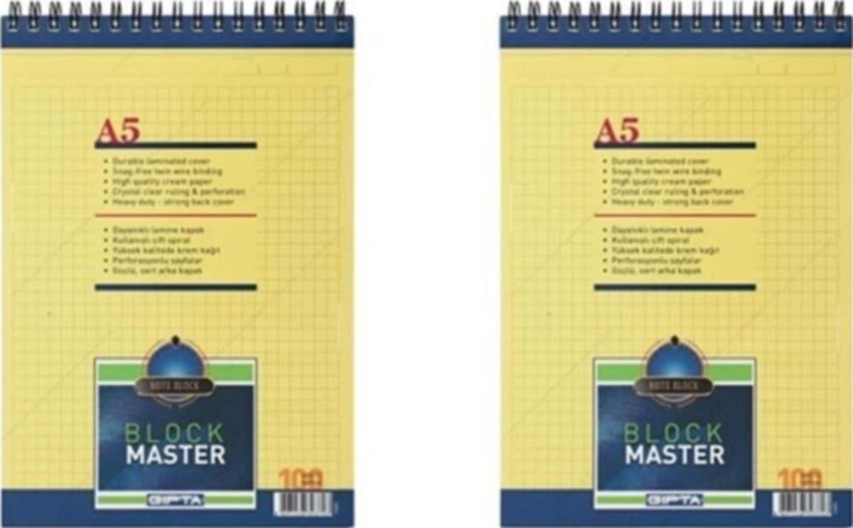 Blok Master Spiralli Karton Kapaklı Blok.a5-100 Yaprak Kareli 2'li Karışık Renk