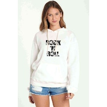 Rock'N Roll Rock Baskılı Beyaz Kadın Kapşonlu Sweatshirt