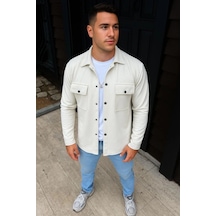 Erkek Diagonal Kumaş Cepli Çıtçıtlı Uzun Kollu, Gömlek Oversize Rahat Kalıp Günlük Şık Til Beyaz Beyaz