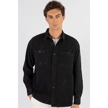 Tudors Relax Fıt Rahat Kalıp Uzun Kol Metal Düğme Çift Cep Eskitmeli Siyah Denim Erkek Gömlek-24646 Siyah