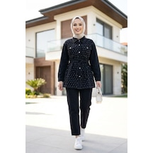 Hb Harma Time Butik Kadın Taş İşlemeli Kot Siyah Tunik Pantolon İkili Takım Siyah Siyah