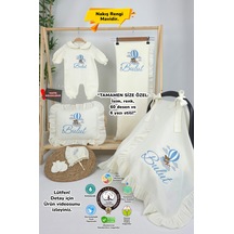 Gros Shop Müslin Yeni Doğan 4katlı Organik %100pamuk Kişiye Özgü Nakışlı Hastane Çıkış Seti Ayıcık Model-3 Ekru-1