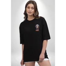Khansa Eşarp Kadın Tasarımı Siyah Oversize Unisex Ön Sol Yan Minimal Baskılı Tişört Koyu Siyah