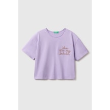 United Colors Of Benetton Kız Çocuk Lila Ön Ve Arka Baskı Detaylı Boncuk İşlemeli Geniş Yaka T-shirt 6-14 Yaş -2862