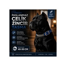 Köpek Zincir Boyun Tasması Paslanmaz Çelik Mavi Dokuma Kayış 40-50 Cm Ayarlanabilir