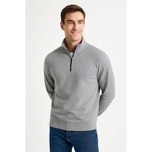 Epilons Zenda1125 Erkek Dik Yaka Sweatshirt Dik Yaka Yarım Fermuarlı 3 İplik Şardonlu Pamuk Kumaş - Gri Zenda478