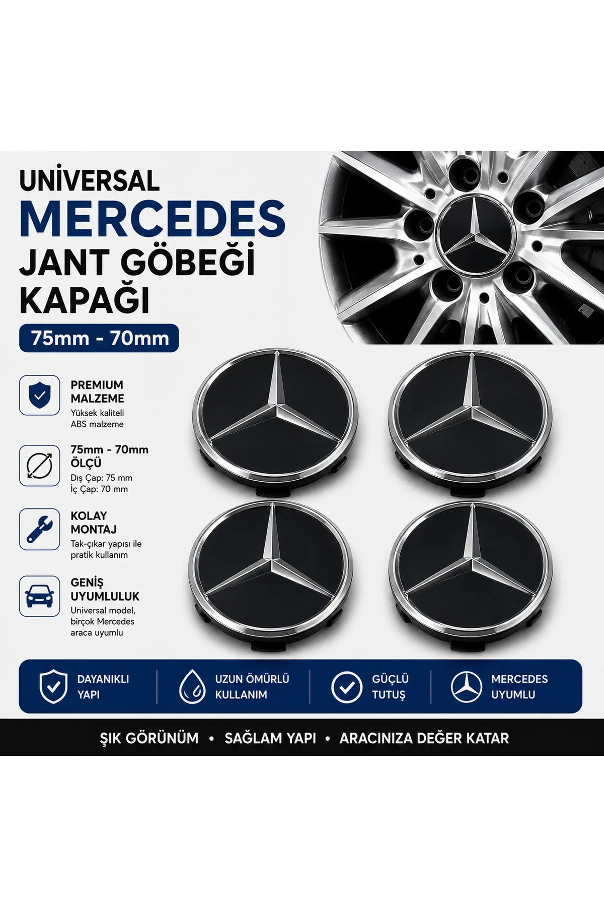Universal Mercedes Jant Göbeği Kapağı Siyah 75mm - 70mm