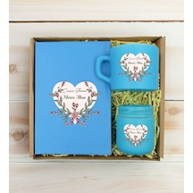 Bk Gift Kişiye Özel İsimli Dtf Anne Temalı Turkuaz Defter & Kahve Fincanı & Mum Hediye Seti-5, Anneye Hediye, Anneler Günü Hediyesi Kobitmeyencom30823