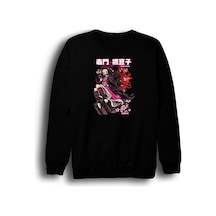 Demon Slayer Nezuko Kamado Anime Baskılı Unisex %100 Pamuk Siyah Bisiklet Yaka Sweatshirt Siyah