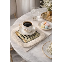 Damalı Eskitme Motifli Püsküllü Sunum Peçetesi - Vintage Siyah Krem Bardak Altlığı Sunum Mendili