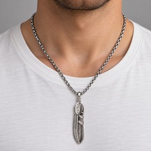 Tüy Figürlü Erkek Kolyesi Arnavut Zincir Detaylı Gümüş Renk 60 Cm Uzun Zincir Altın - Gümüş
