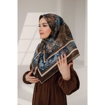 Mimiyum İz Desen Soft Eşarp Kahve Mavi Çok Renkli