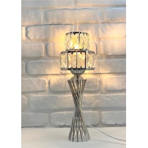 Modern Krom Metal Ayaklı Burgu Model Kristal Taşlı Şapkalı Abajur Krom