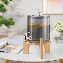 Alfafe Home Gümüş Füme Cam Şerbetlik Meşrubatlık Musluklu Ve Ahşap Standlı 3.6 Litre Gümüş