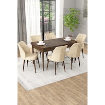 Arel Barok Desen 80x132 Açılabilir Mdf Masa Yemek Odası Takımı, Mutfak Takımı 6 Adet Sandalye Barok Masa - 6 Krem - Ceviz Ayak