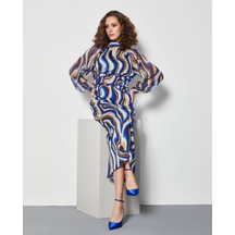 Renkli Desenli Kadın Elbise - Beli Şerit Detaylı - Uzun Kollu - Modern Ve Şık Tasarım - Günlük Ve Özel Gün İçin Elbise Saks