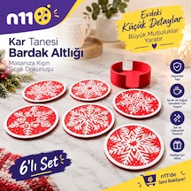 Yeni Yıl Kar Tanesi Tasarımlı 6'lı Bardak Altlığı Seti Stant Hediyeli Beyaz  - Kırmızı