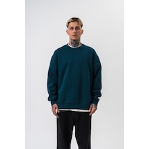 Erkek Respire Yazı Detaylı Basic Oversize Sweatshirt Zümrüt