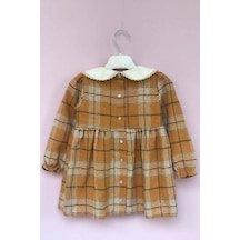 Hardal Ekoseli Oduncu Kumaş Kız Çocuk Bebek Kışlık Elbise 001