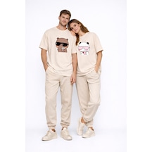 Sevgili Kombini Panda Bardak Baskılı Çift Tişört Oversize Unisex Bej
