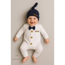 Babyden's Mini Boss Erkek Bebek Papyonlu Şapkalı Tulum Seti %100 Pamuk Hastane Çıkışı Lacivert