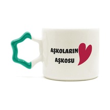 Mor Mürekkep Aşkoların Aşkosu Baskılı Yeşil Kulplu Yıldız Sevgililer Günü Kupası