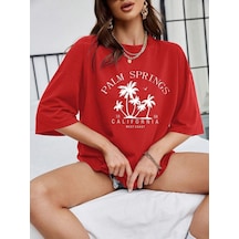 California Palm Springs T-shirt - Kırmızı Baskılı Oversize Bisiklet Yaka Kısa Kol Tişört Kirmizi