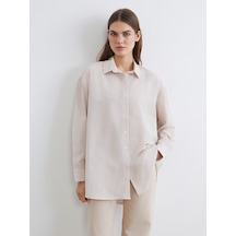 Lc Waikiki Lc Waıkıkı Bej Çizgili Oversize Poplin Kadın Gömlek Tunik