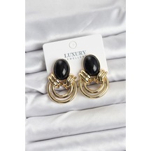 Bay Pirinç Gold Renk Siyah Taşlı Vintage Kadın Küpe Najmaddin Standart