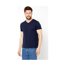 COMEOR Erkek Lacivert Basıc Slim Fit Pamuklu Kısa Kollu V Yaka T-shirt Lacivert