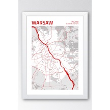 Varşova Polonya Warsaw - Poland Haritası Çerçeveli Tablo Lüks Salon Ofis Duvar Dekorasyon Tablo Beyaz