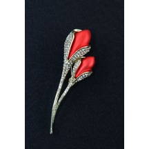 Lale Tomurcuğu Broş. Taşlı Tasarım Lale Broş. Yaka İğnesi Lale Broş. Kadın Broş. Broş. Lale Broş. Altın - Kırmızı