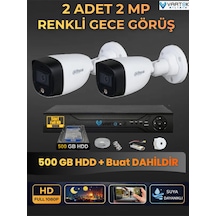 2 Kameralı 2mp Gece Renkli Güvenlik Kamerası Seti, 500 Gb Hdd, Fullhd İç Dış Mekan Uyumlu