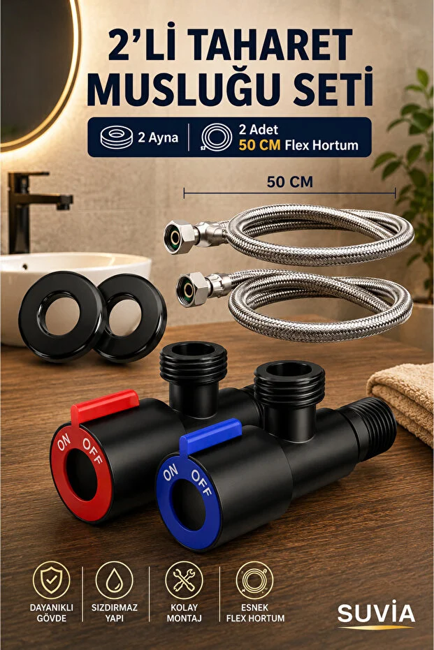 Taharet Musluğu 2'li Set Siyah 2 Adet 50 Cm Flex Hortum Ayna On Off Sızdırmaz