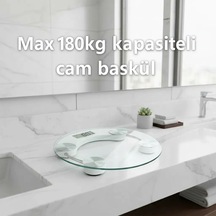 Yuvarlak Şeffaf Dijital Cam Baskül Tartı 180 Kg Taşıma Kapasitesi, Hassas Ölçüm, Şık Tasarım Terazi Açık Bej